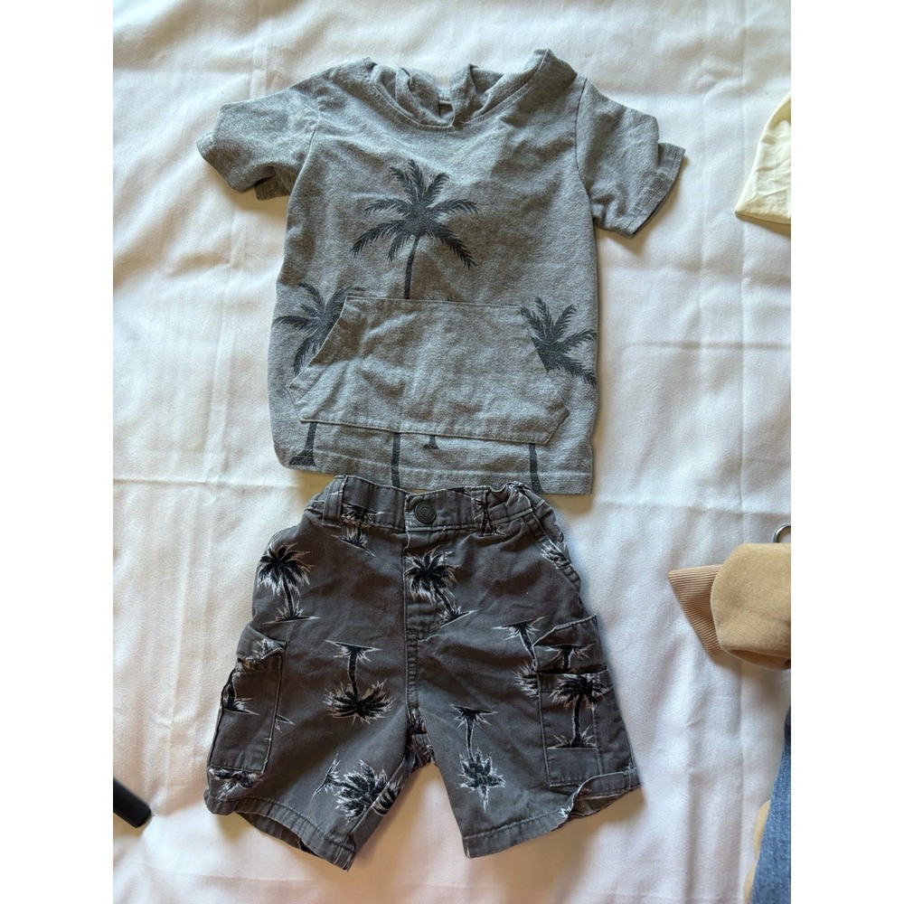 Garanimals Baby Boys Gray Palm Tree Hooded Shirt and Cargo Shorts Set 2T